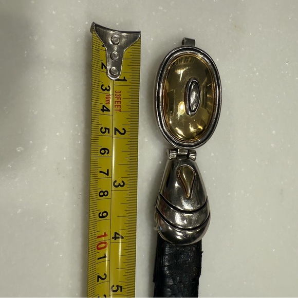 Dame VTG Y2K Black Genuine Snakeskin Belt Silver Tone Gold Tone Oval Buckle Sz S - Picture 10 of 14